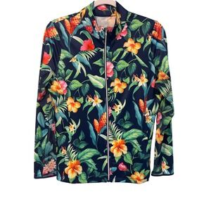 X by Gottex Women's Tropical Floral Activewear Full Zip Jacket Mesh Accents Med